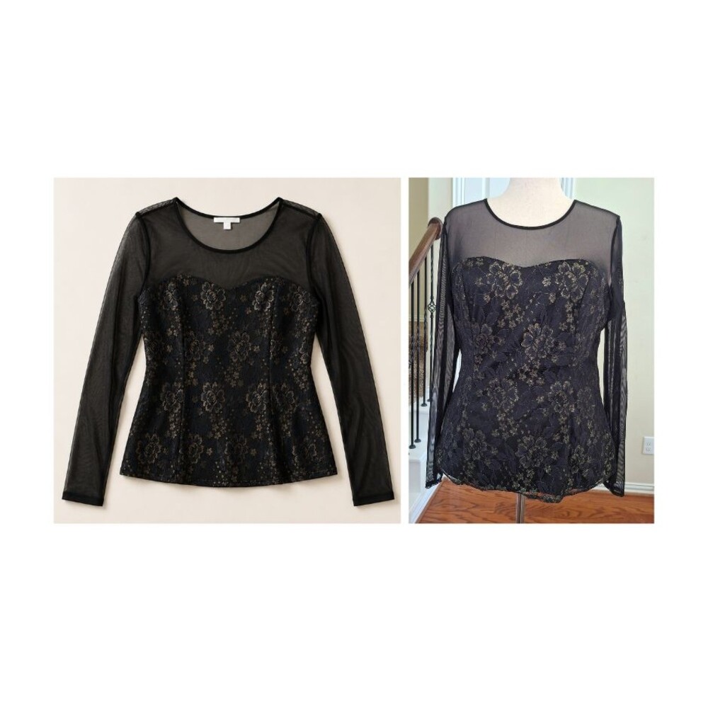 Boston Proper Blouse Top Black Gold 18 Lace Sheer Cocktail Party Dark Romantic